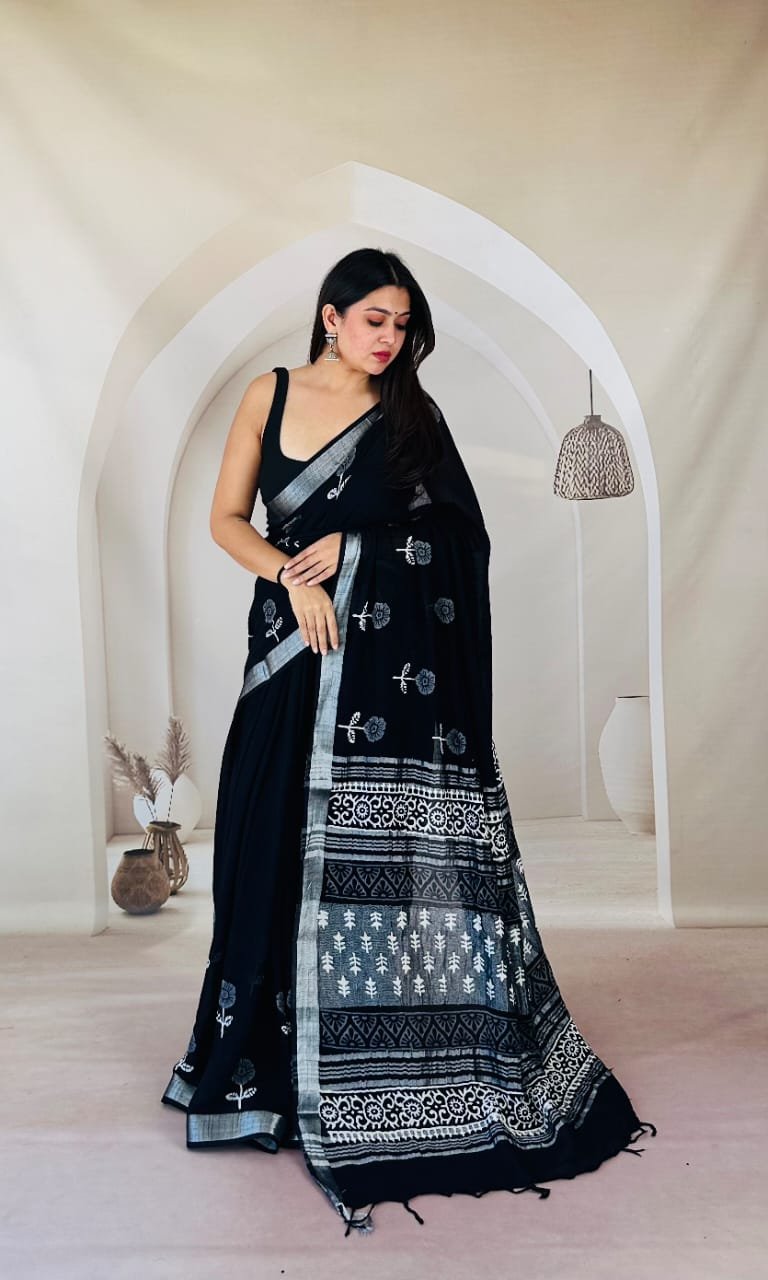 Hand Block Printed Linen Saree with Blouse